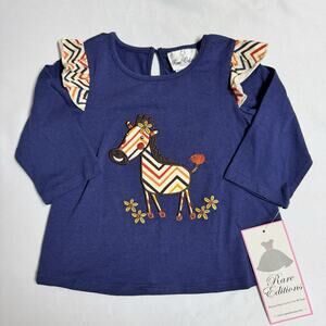 Rare Editions 3/4 Sleeve Ruffle Zebra Top Girl's Size 4T Navy Blue